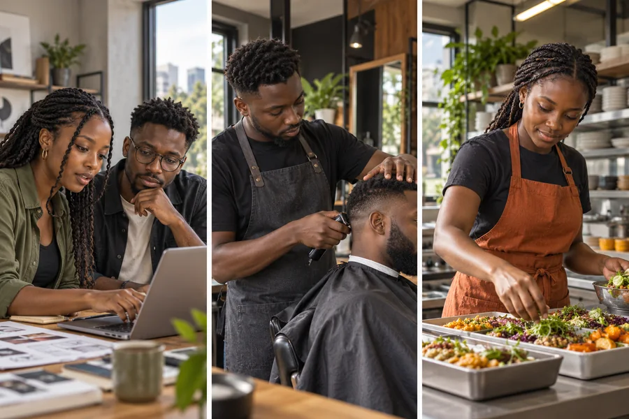Fictional editorial scenes of people at work in a studio, a barbershop, and a cafe kitchen. Not customer photos.