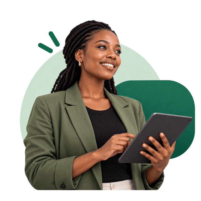 Professional using a tablet, ZolaHub CRM illustration.